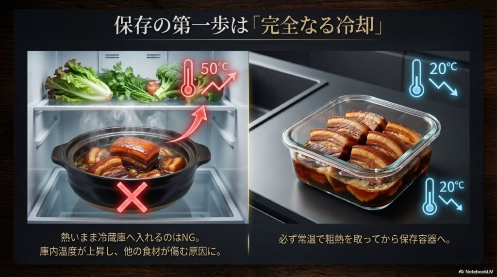 しっかり冷ましてから冷蔵庫に入れる