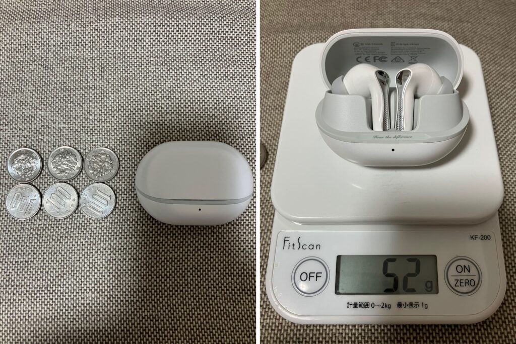 【レビュー】SOUNDPEATS Air5 Proケースは光沢仕上げでサラっとしており、大きさを比べてみると大体100円玉6枚分くらいでとってもコンパクト