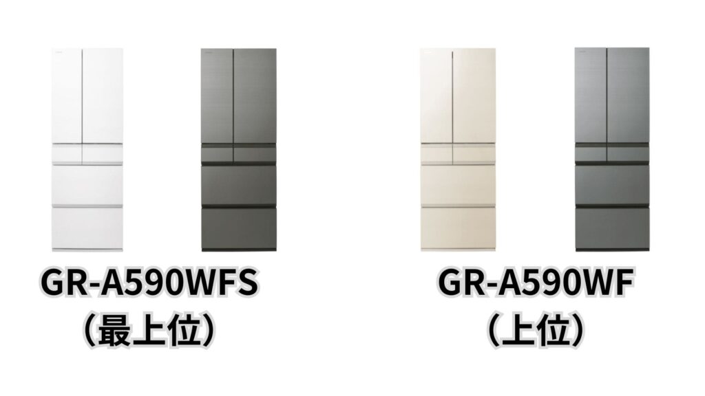 最上位GR-A590WFSが「フロストグレージュ」と「フロストホワイト」、上位GR-A590WFが「アッシュグレージュ」と「グレインアイボリー」