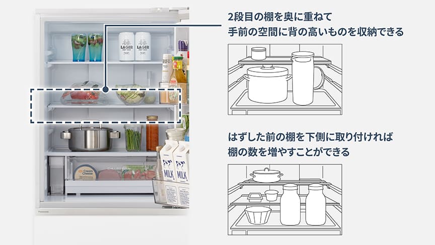 上位NR-F55HY3は3段目が「わけられるん棚」に