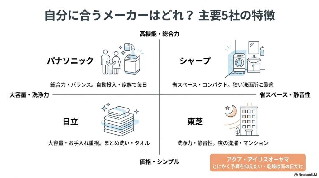 ドラム式洗濯機の主要メーカーごとの特徴