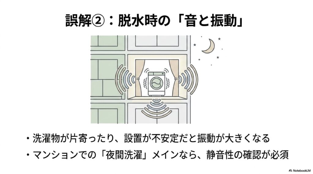 ドラム式洗濯機は、脱水時に音や振動が気になることがある